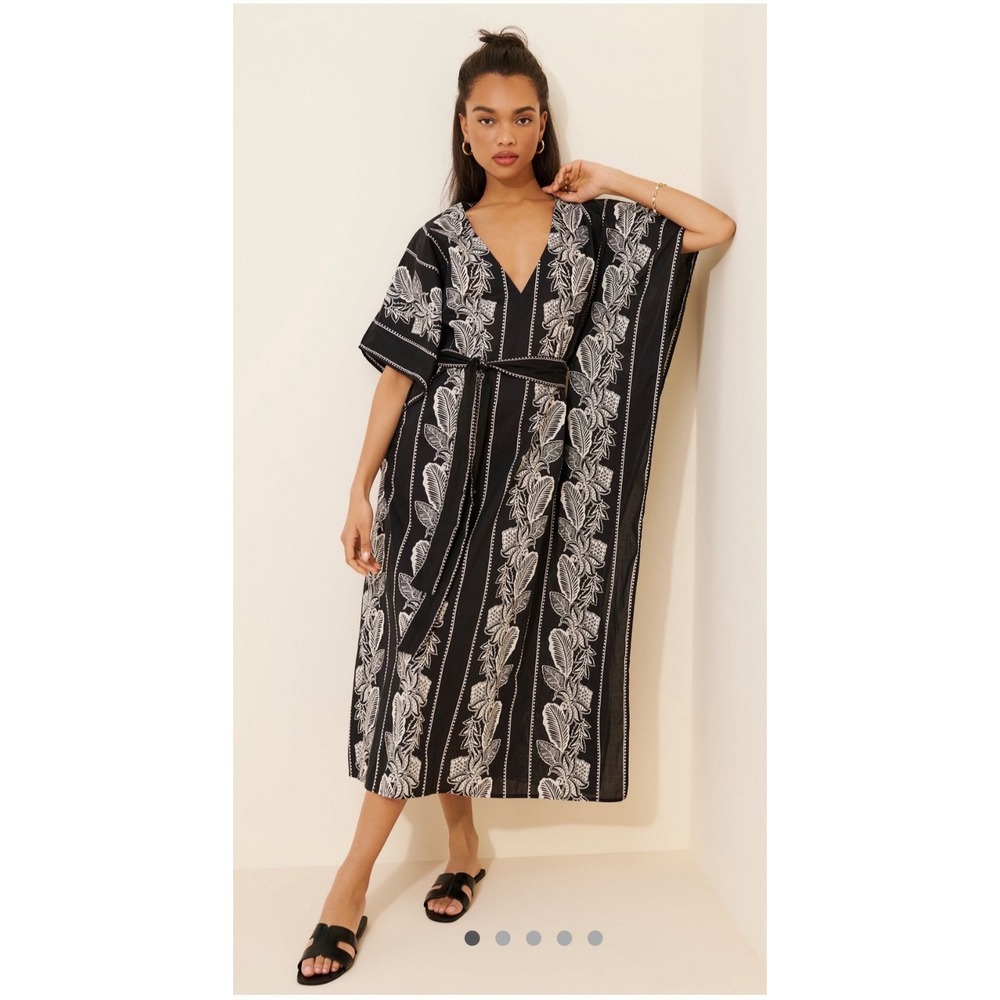 Anthropologie x Banjanan Jayden Maxi Kaftan Dress Black White Botanical Print
